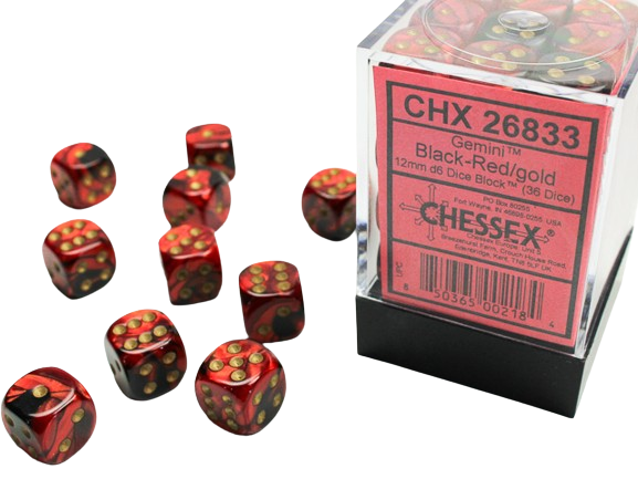 Chessex: 12mm d6 Dice Block - Black & Red w/Gold