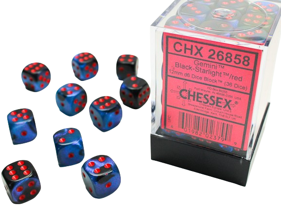 Chessex: 12mm D6 Dice Block - Black & Starlight w/Red
