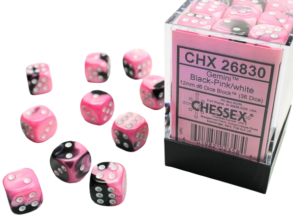 Chessex: 12mm d6 Dice Block - Black & Pink w/White