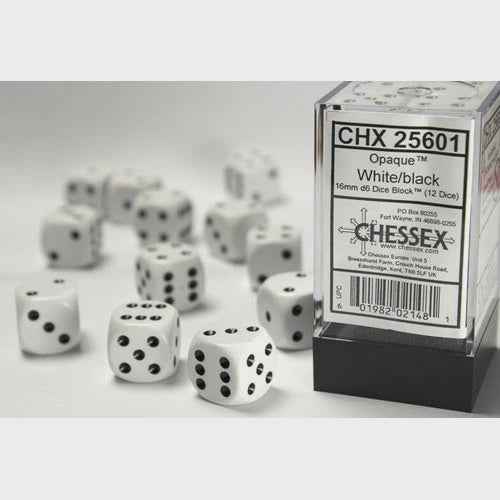 Chessex: Opaque 16mm d6 Dice Block - White w/black