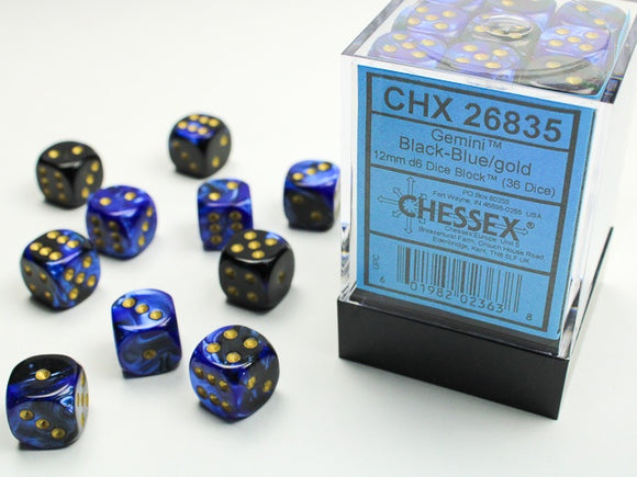 Chessex: Gemini 12mm d6 Dice Block  (36 dice) - Black & Blue/gold