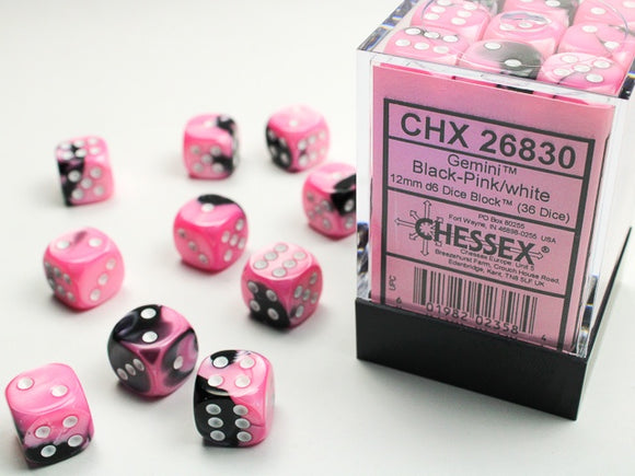 Chessex: Gemini 12mm d6 Dice Block (36 dice) - Black & Pink/white