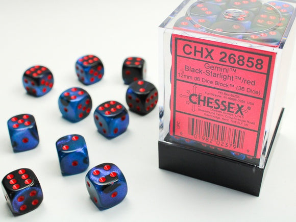 Chessex: Gemini 12mm d6 Dice Block (36 dice) - Black & Starlight/red