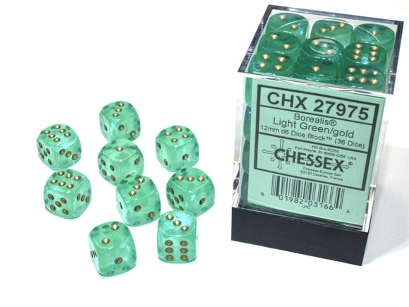 Chessex: Borealis 12mm d6 Dice Block - Luminary  Light Green/gold