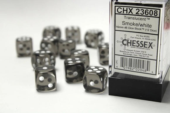 Chessex: 16mm d6 Dice Block (12) - Translucent Smoke/White