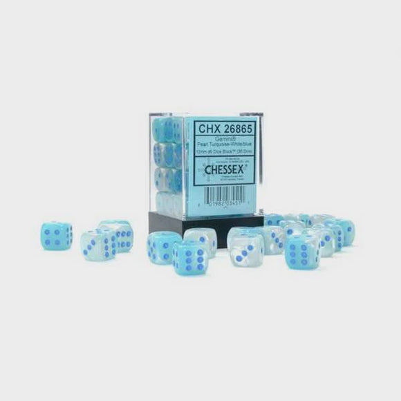 Chessex Gemini 12mm d6 Luminary Dice Block (36 dice): Pearl Turquoise-White/blue