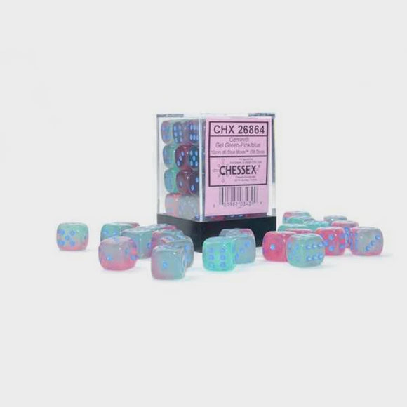 Chessex Gemini 12mm d6 Luminary Dice Block (36 dice): Gel Green-Pink/blue