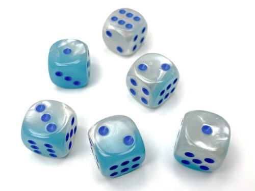Chessex Gemini 16mm d6 Luminary Dice Block (12 dice): Pearl Turquoise-White/blue