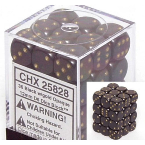 Chessex Opaque D6 Set of 36 (12mm) - Black/Gold