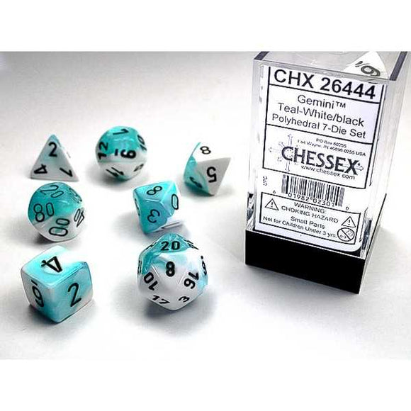 Chessex Gemini Poly 7 Set:  White-Teal/Black
