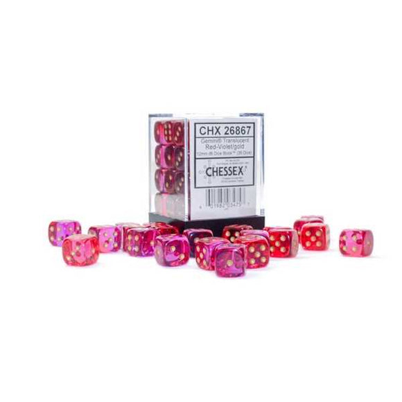 Chessex Gemini 12mm d6 Dice Block (36 dice) - Translucent Red-Violet/gold