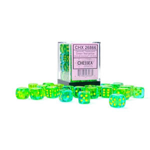 Chessex Gemini 12mm d6 Luminary Dice Block (36 dice): Translucent Green-Teal/yellow