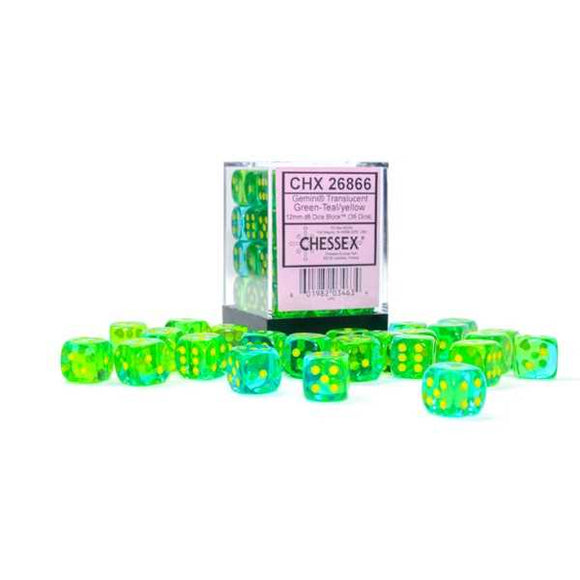 Chessex Gemini 12mm d6 Luminary Dice Block (36 dice): Translucent Green-Teal/yellow